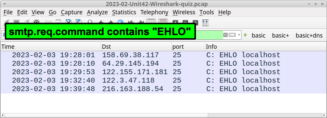Image 14 is a screenshot of Wireshark showing the refined filtering for SMTP activity. 