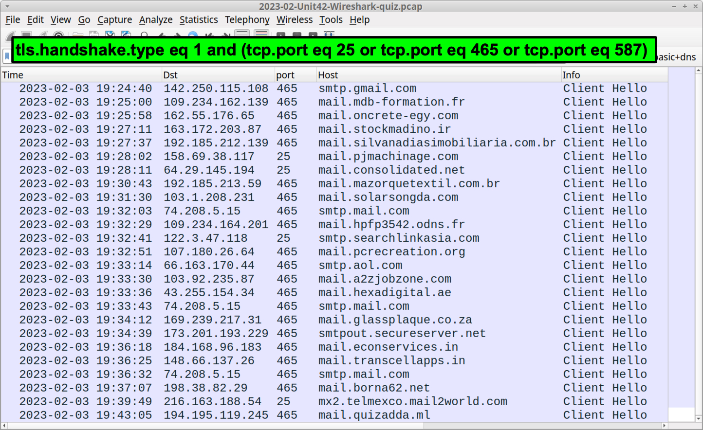 Image 15 is a screenshot of Wireshark showing the refined filtering for TLS encrypted email traffic. 