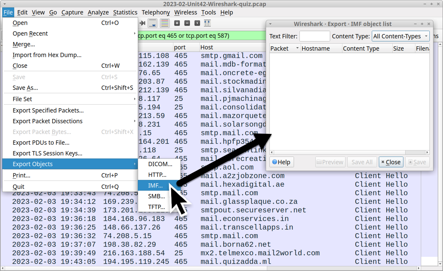 Image 16 is a screenshot of Wireshark showing how, after selecting the IMF option from Export Objects from the File menu does not result in anything in the popup window. 