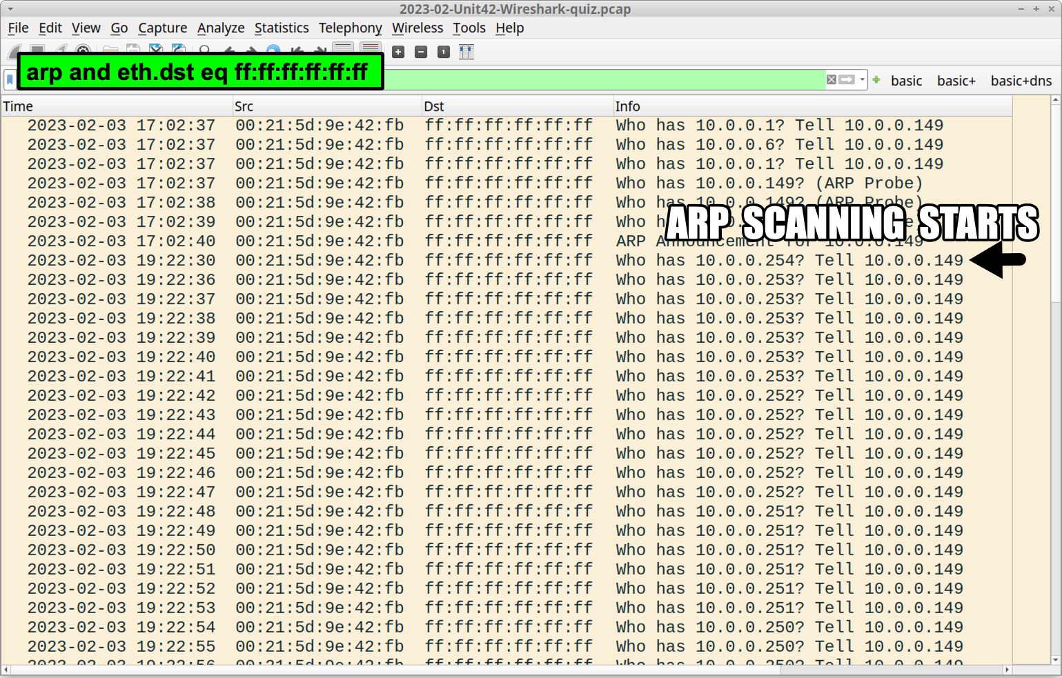 Image 18 is a screenshot of Wireshark showing the result of using the Wireshark filter arp and eth.dst eq ff:ff:ff:ff:ff:ff. Highlighted is where the arp scanning starts. 