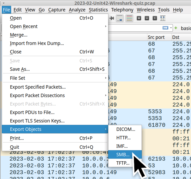 Image 19 is a screenshot of Wireshark showing how to select SMB from the Export Objects in the File menu. 