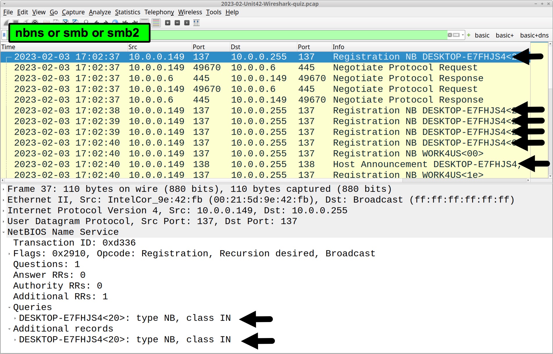 Image 2 is a screenshot of Wireshark showing how to find the Windows host name in the traffic, highlighted with arrows. 