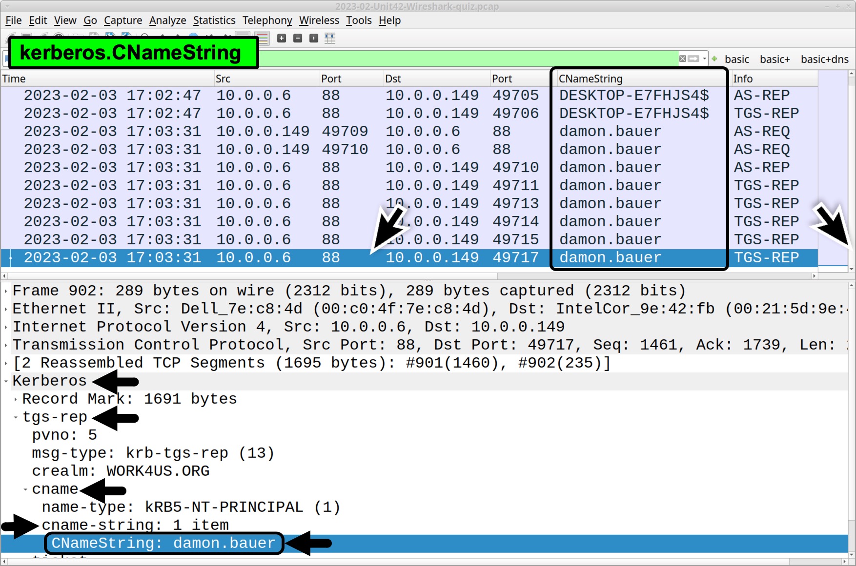 Image 3 is a screenshot of Wireshark highlighting the CNameString column, showing how to find the victim’s Window user account name in the Kerberos traffic.