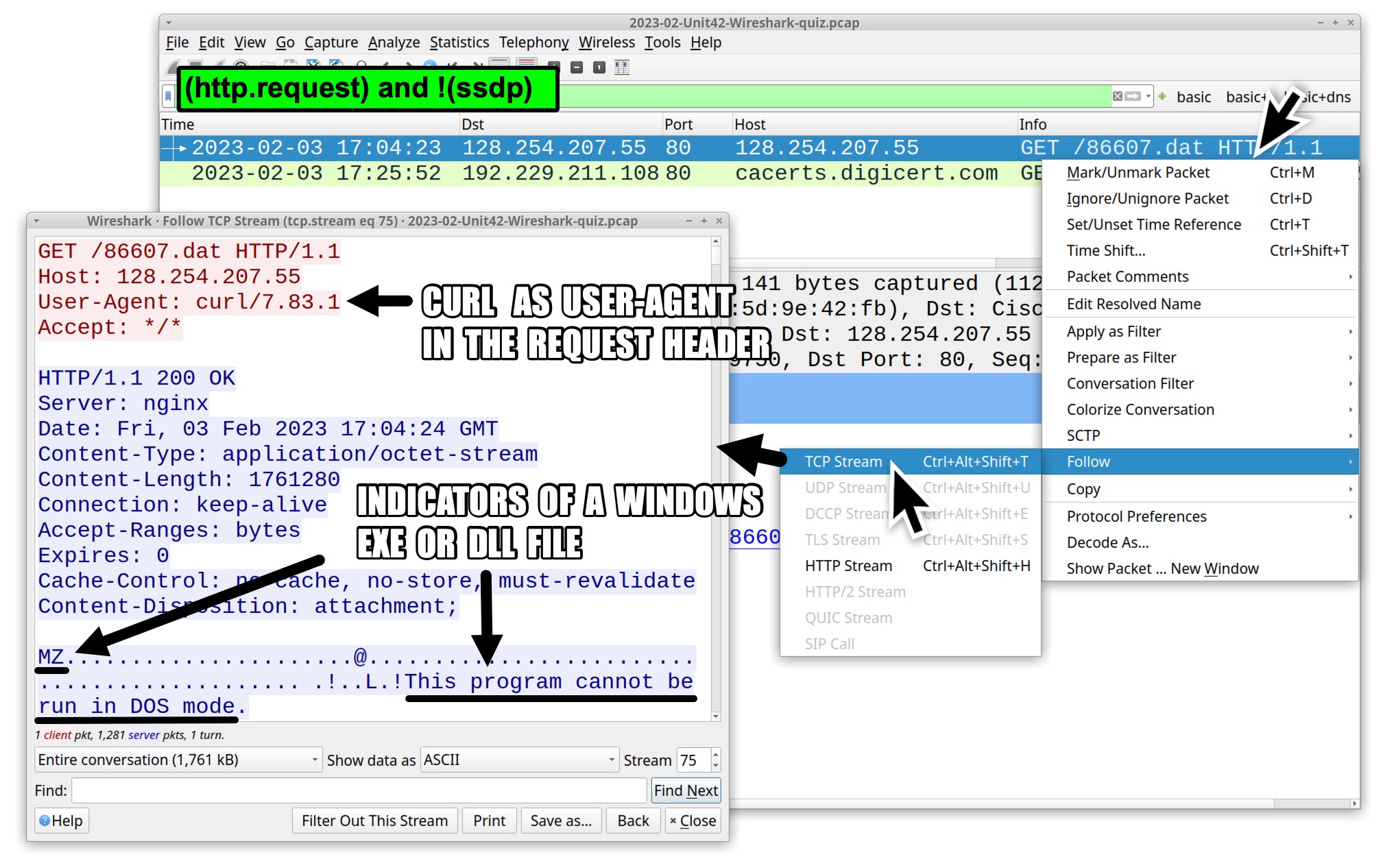 Image 4 is a screenshot of Wireshark showing how to navigate through the menus in order to follow the TCP stream. The TCP window shows the curl as user-agent in the request header as well as the indicators of a Windows .exe or .dll file. 