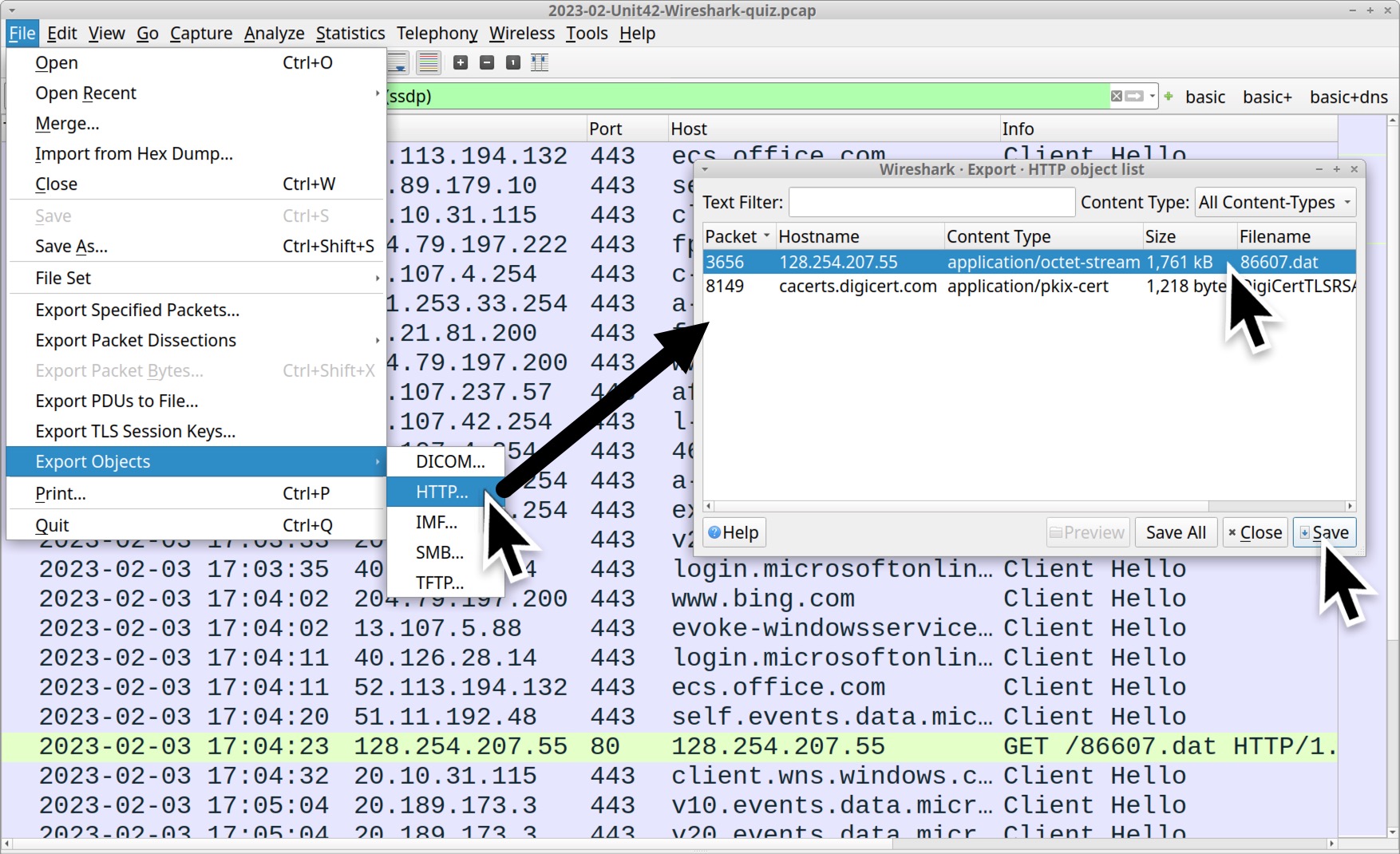 Image 5 is a screenshot of Wireshark shows the process of exporting an HTTP object from the File menu. 