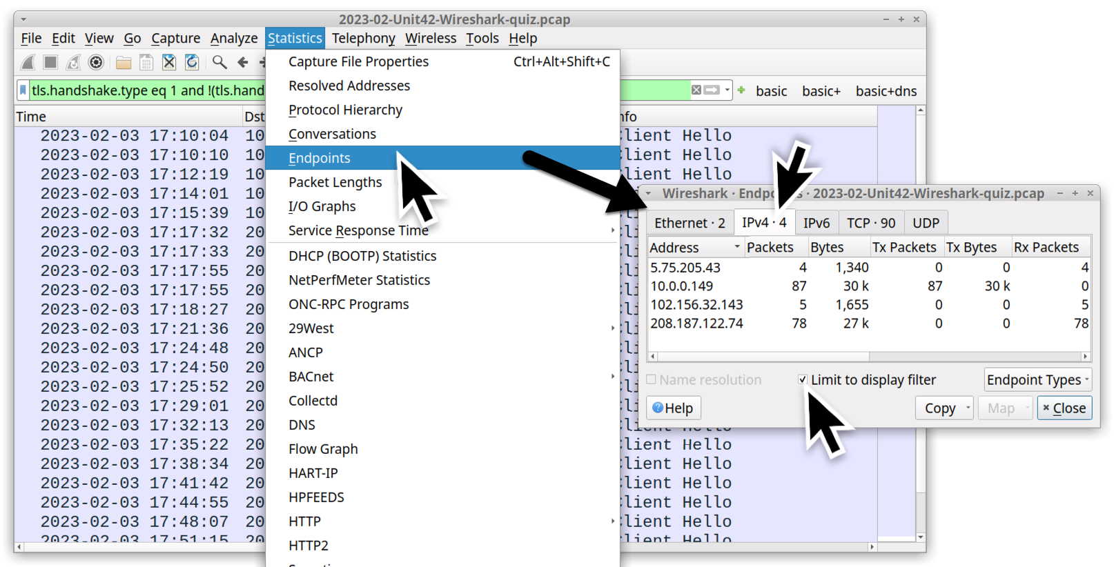 Image 8 is a screenshot of Wireshark showing how to use the Statistics menu to access Endpoints and see the statistics for the filtered results.