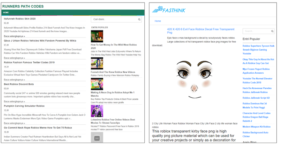 Image 8 is two screenshots side by side. They are examples of blogs using a free Robux (the currency of Robox) scam. Left is a page for Runners Path Codes and right is a page for Fasthink. Both pages seem to have auto-generated content. 