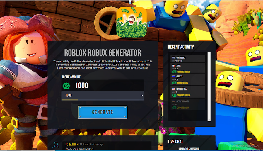 Image 9 is a screenshot of a page that advertises free Robux, with the headline text “Roblox robux generator” and a button to generate. 