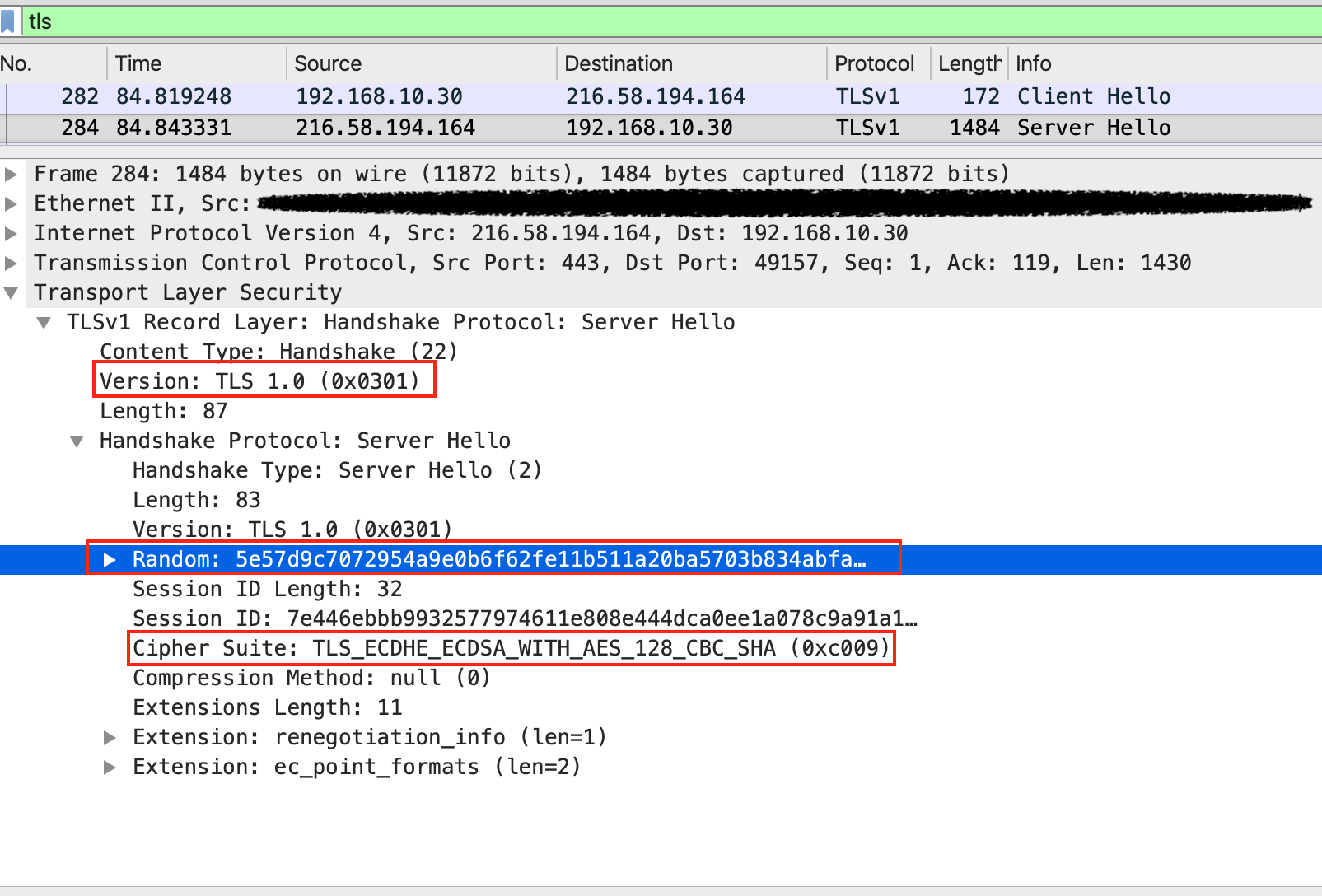 Image 6 is a screenshot of Wireshark. There are three red highlights showing, from top down, the version, the random tab, and the cipher suite. It is the initial SSL connection handshake. 