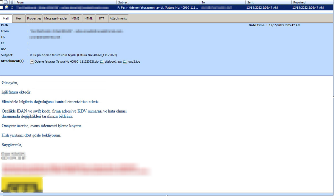 Image 1 is a screenshot of a malspam email that delivers a LokiBot sample. Identifying information is redacted, and the language in the email is Turkish. 