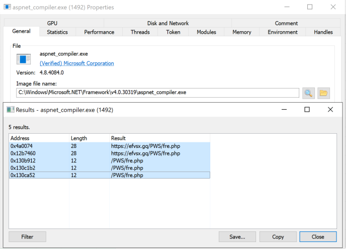 Image 3 is a screenshot of aspnet_compiler.exe showing the IoCs in the memory of the infected process in the “Results” window.