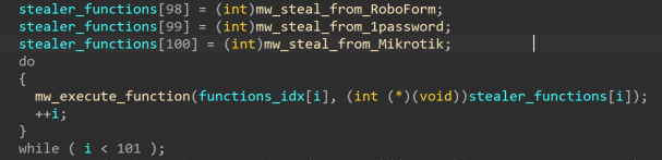 Image 5 is a screenshot of many lines of code showing the malware looping over stealer functions in order to execute them. 