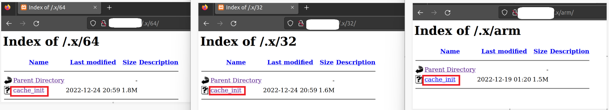 Image 2 is three screenshots side by side of web indexes that are hosting GoBruteforcer binaries on their websites. Highlighted is the cache_init file in the index of each under the Parent Directory. 