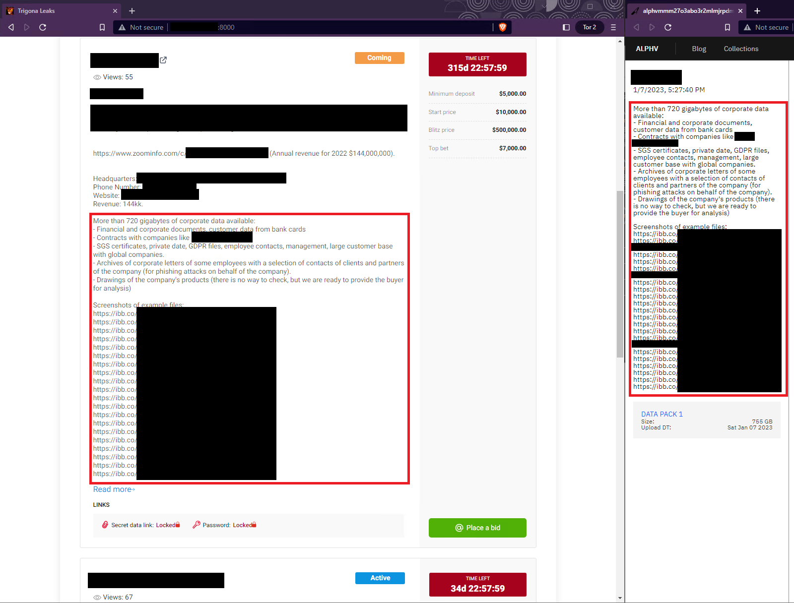 Image 4 is a screenshot comparing Trigona’s leak site (left) to BlackCat (ALPHV) on the right. Highlighted in red in both screenshots is the duplicate text that Trigona copied from the BlackCat site. 