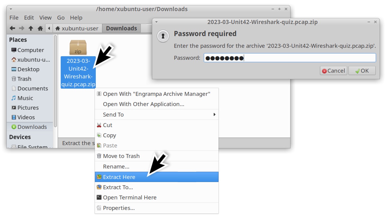 Image 2 shows how to extract the password-protected .zip archive from the download folder, entering the password and specifying the extraction location.