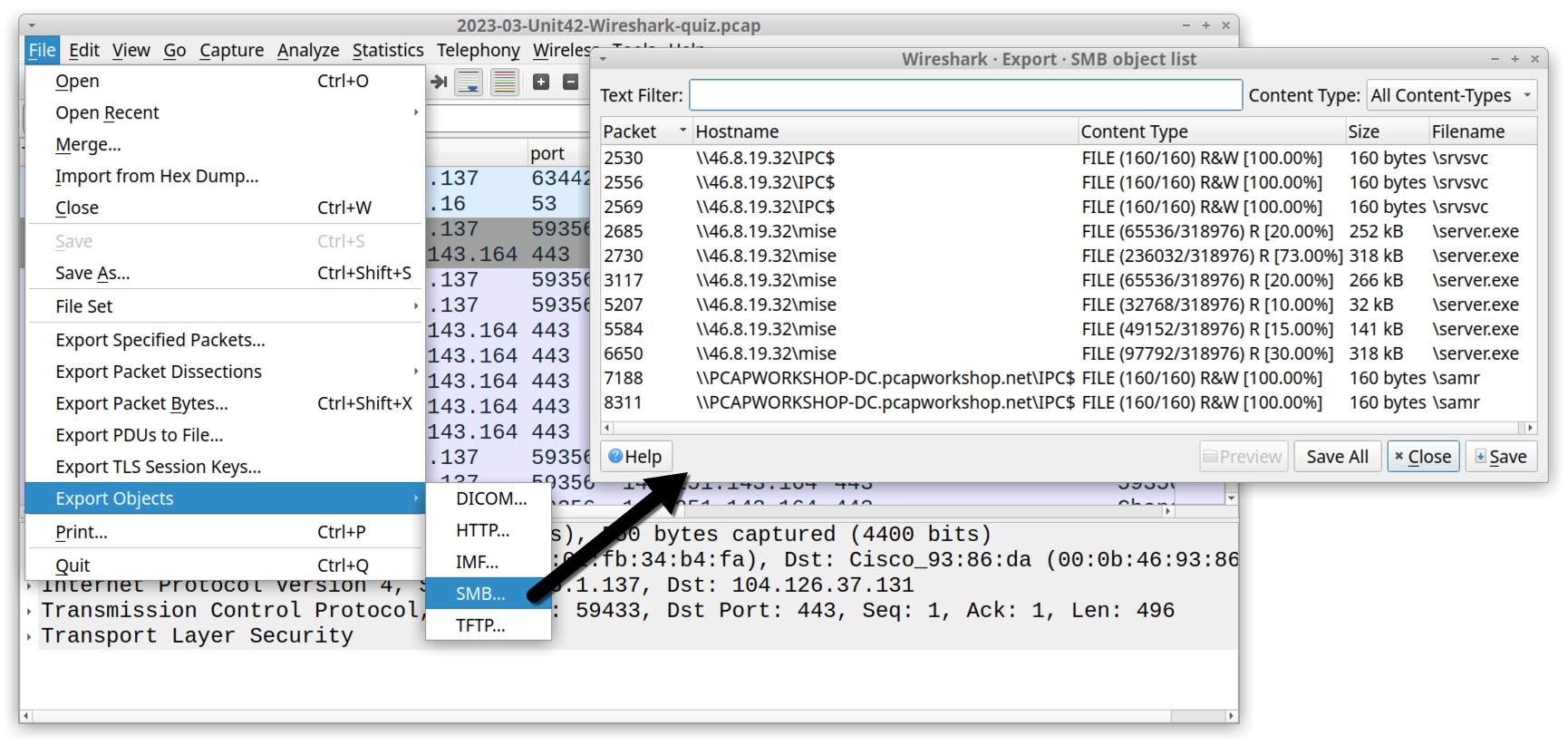 Image 10 is a screenshot of Wireshark showing how to use the SMB option from Export Objects in the File menu.