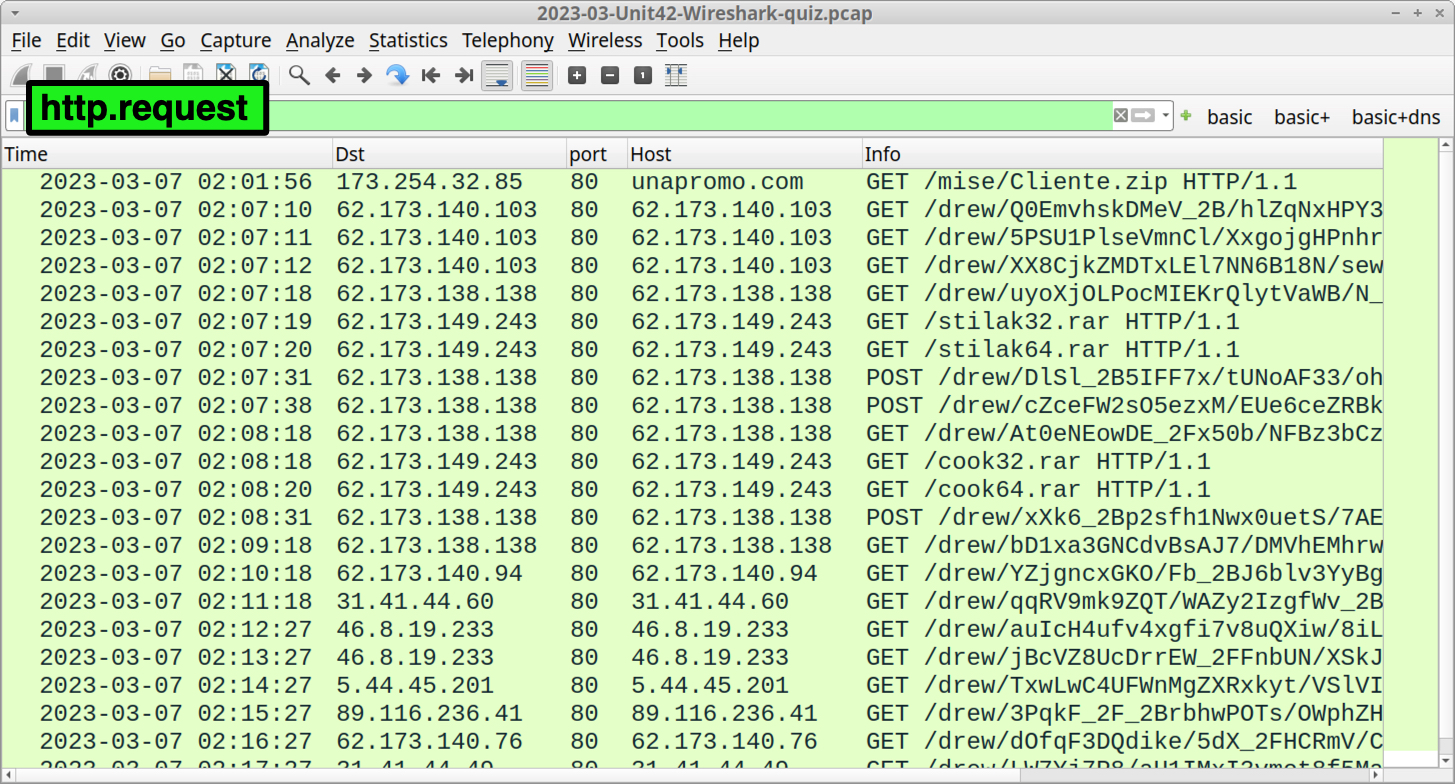 Image 12 is a screenshot of Wireshark showing how to filter the HTTP traffic to better see Gozi C2 activity. Highlighted in green is the filter, http.request. 