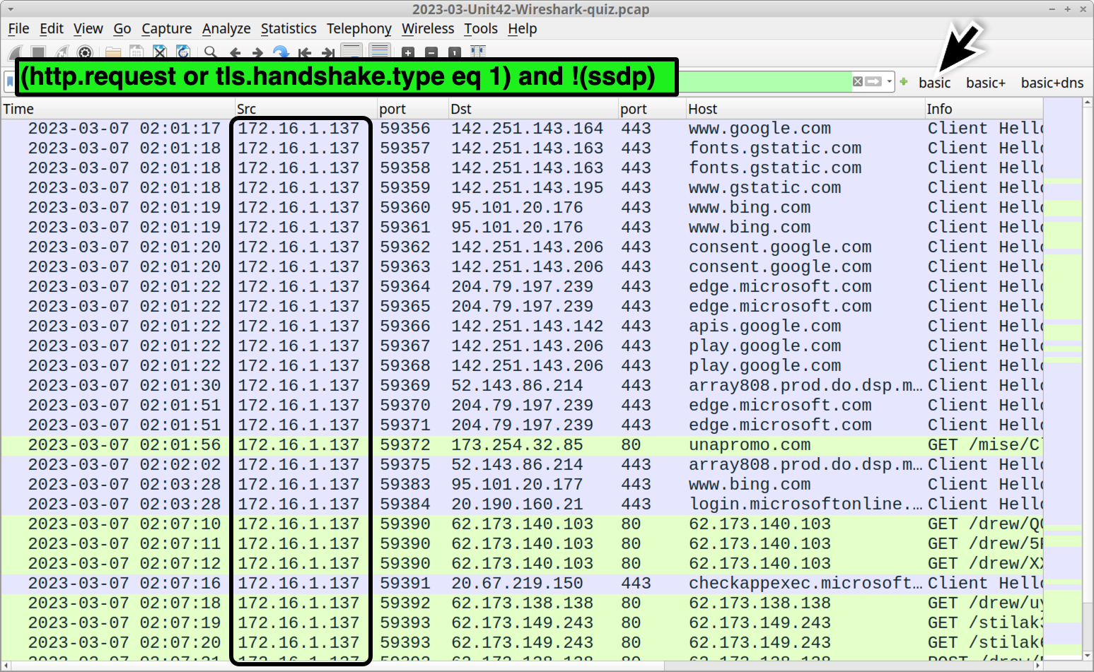 Image 1 is a screenshot of Wireshark that highlights the source IP column (Src), the source MAC address when filtering the web traffic. 