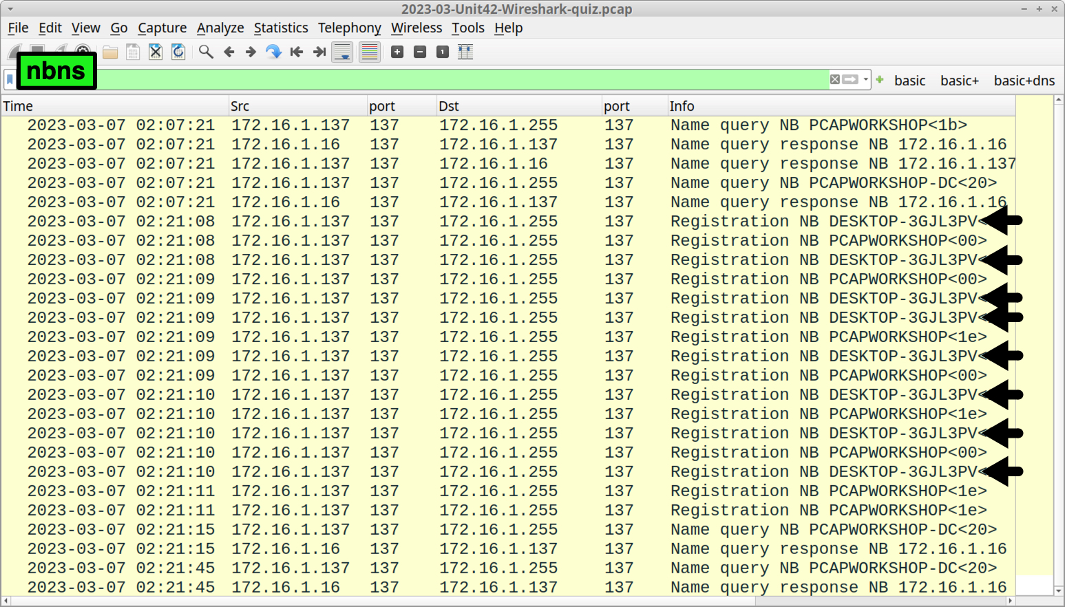 Image 2 is a screenshot of Wireshark showing how to find the Windows host name in the NBNS traffic, highlighted in green. 