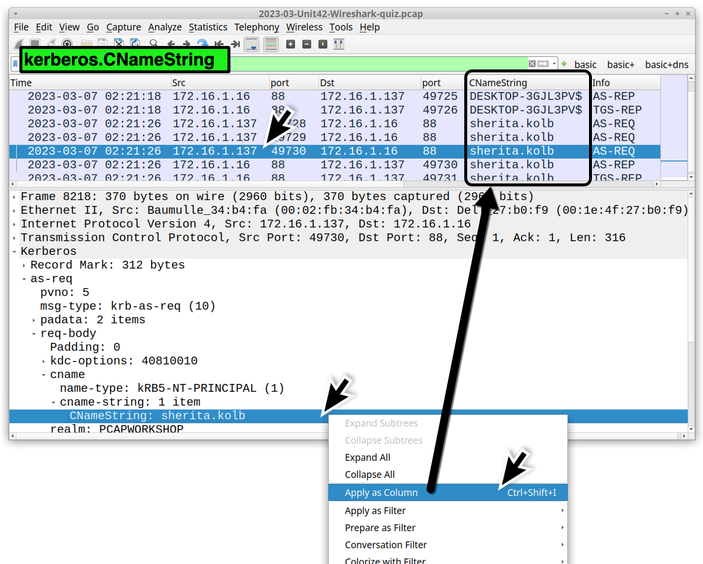 Image 3 is a screenshot of Wireshark showing how to find the victim’s Windows user account name in Kerberos traffic. Highlighted is CNameString, the search bar, and other details. 