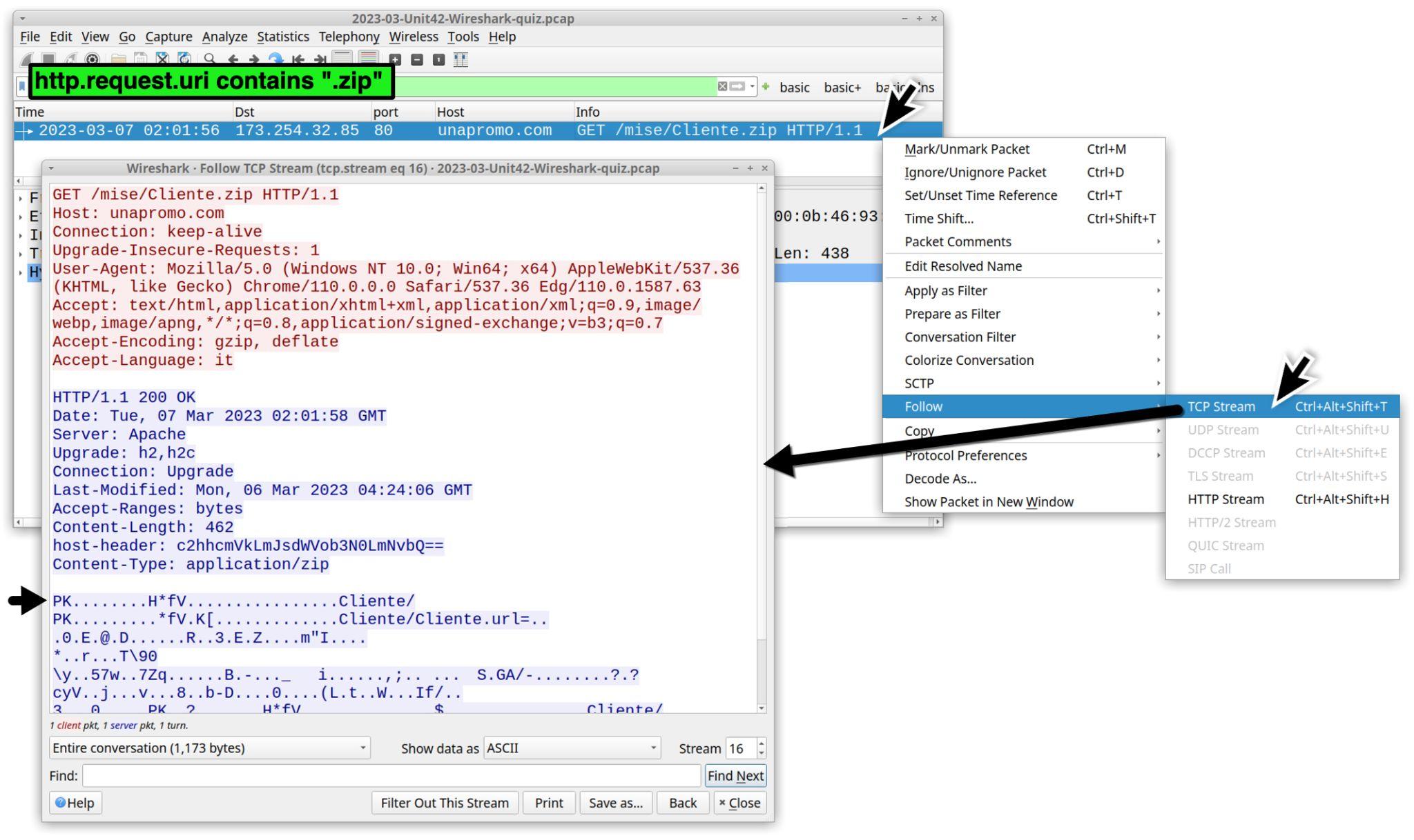 Image 4 is a screenshot of Wireshark showing the menu path of finding the URL in the TCP stream. 