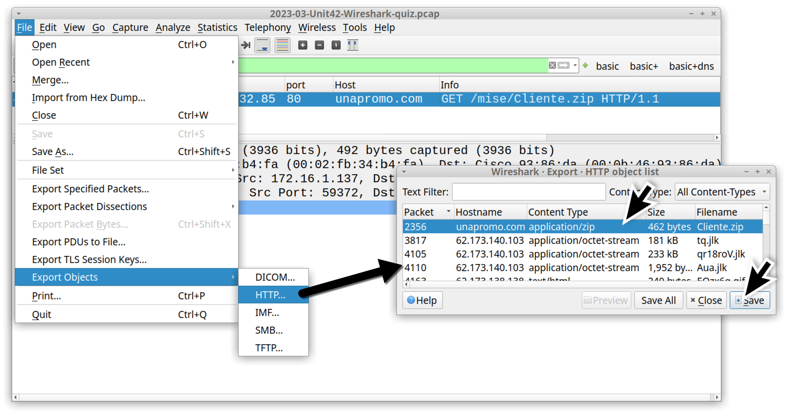 Image 5 is a screenshot of Wireshark showing how to export the ZIP file from Export Objects in the File menu. 