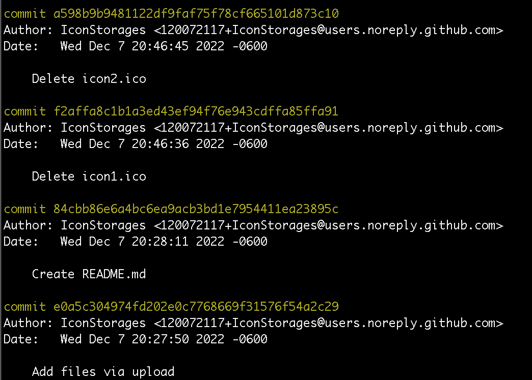 The GitHub logs showing modifications to the repository. 