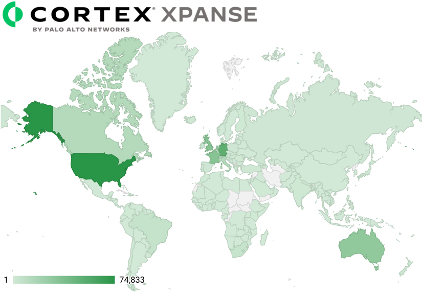A screenshot of a Cortex Xpanse heatmap displaying the countries with the most 3CX applications with the United States leading.
