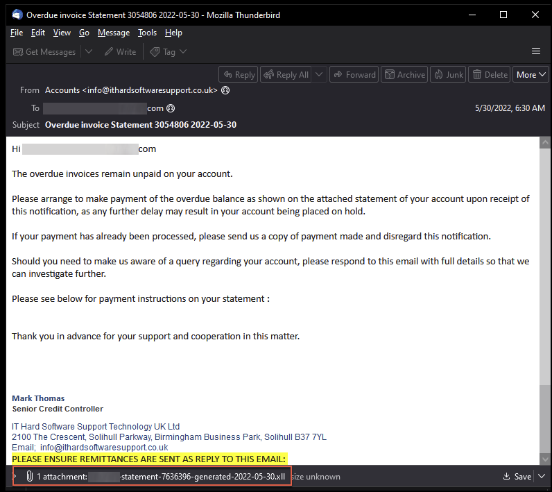 Image 20 is a screenshot of an email. The email text is requesting for overdue invoices to be paid. Highlighted in red is the attachment, which is a .XLL file. It contains an OriginLogger payload.