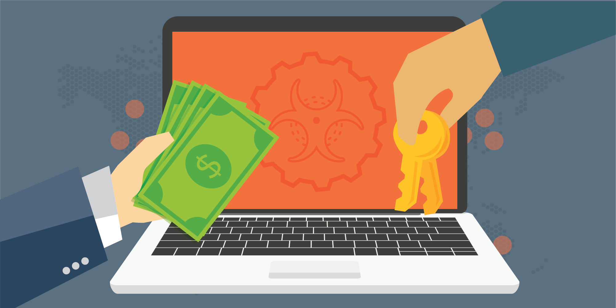 A pictorial representation of ransomware like Vice Society. It shows an exchange of money for keys in front of a laptop screen.