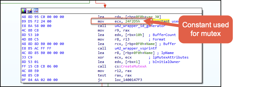 Image 20 is a screenshot of the constant value used for mutex creation with the volume serial number. Highlighted in red is the constant itself. 