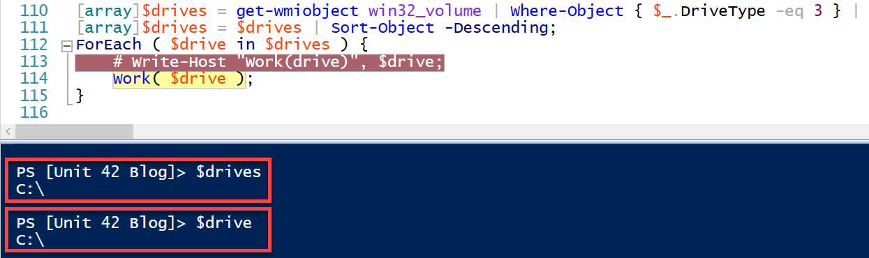 Image 3 is a screenshot of code. Highlighted in red are the drive and drives variables.