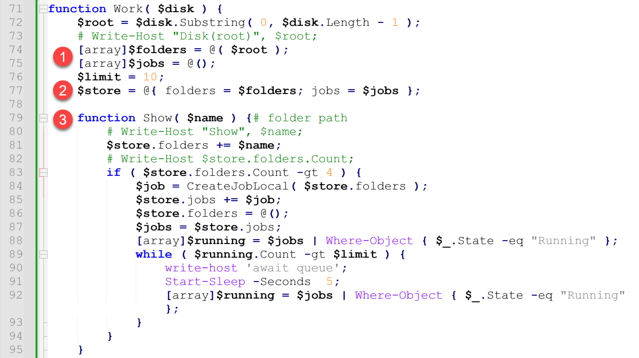 Image 4 is a screenshot of many lines of code showing the start of the Work() function. Highlighted are three lines: the array, the $store, and the function. 