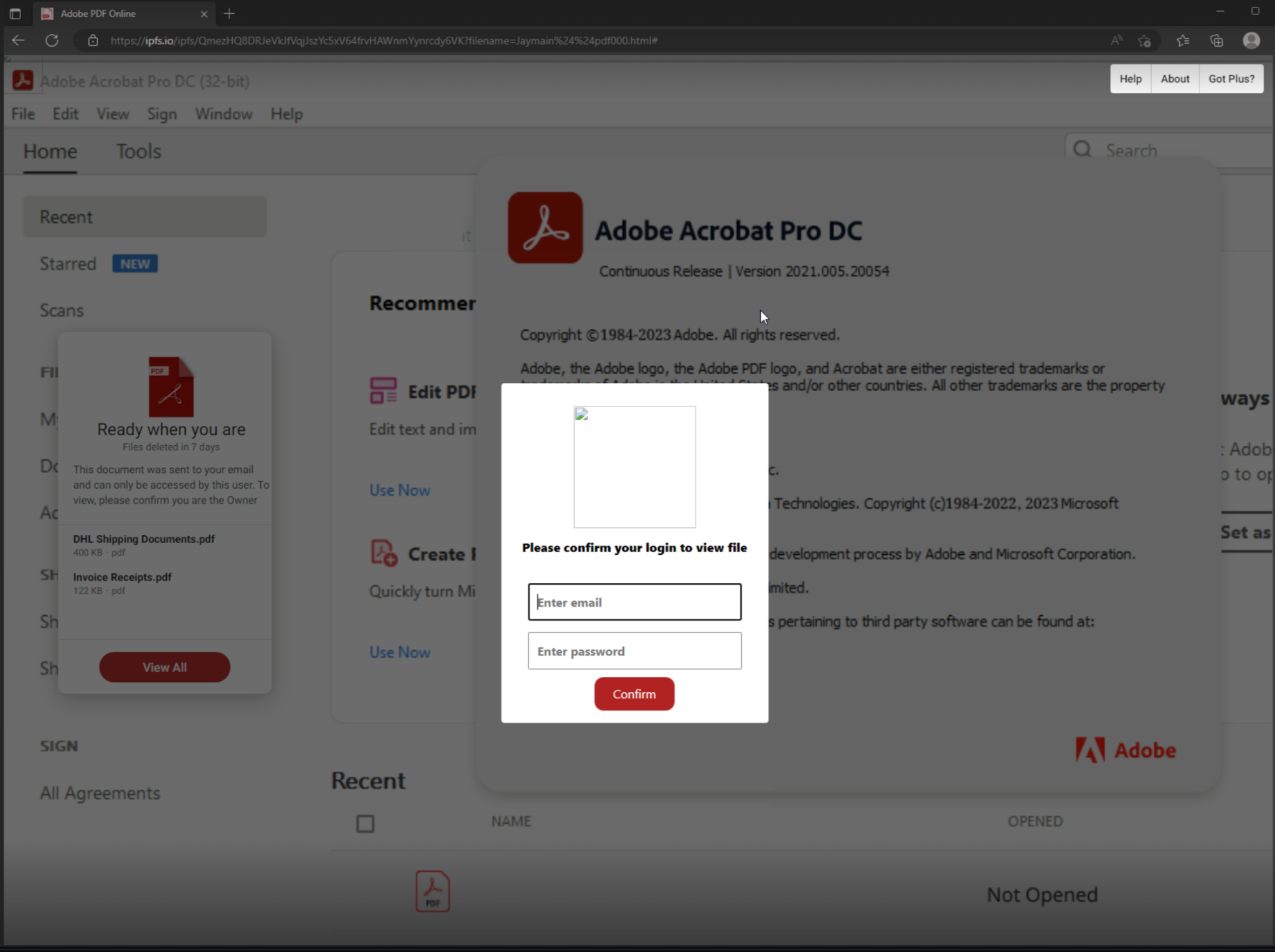 Image 10 is a screenshot of an IPFS phishing link. This is also from the same attachment as the DHL themed phishing lure. A pop-up shows a broken image as well as a form field for email and password, and a confirmation button.