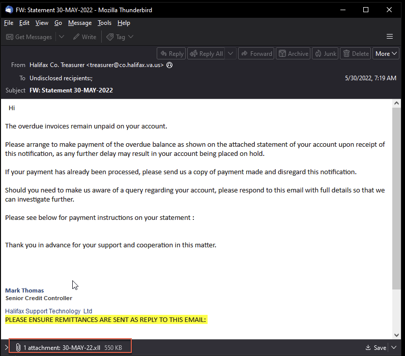 Image 19 is a screenshot of an email. The email text is requesting for overdue invoices to be paid. Highlighted in red is the attachment, which is a .XLL file.