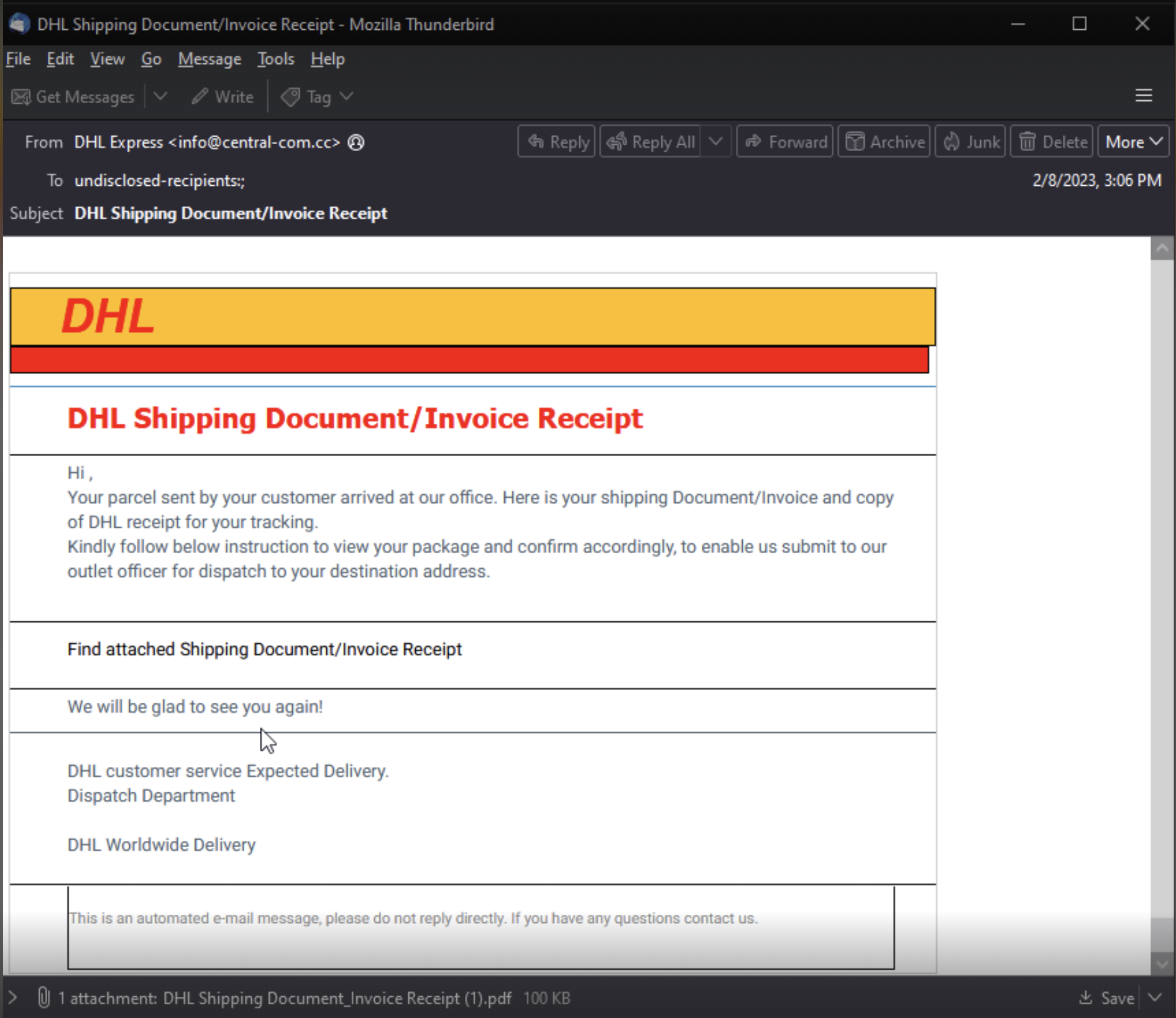 Image 8 is a screenshot of an email phishing lure. It is disguised to resemble a DHL shipping invoice.