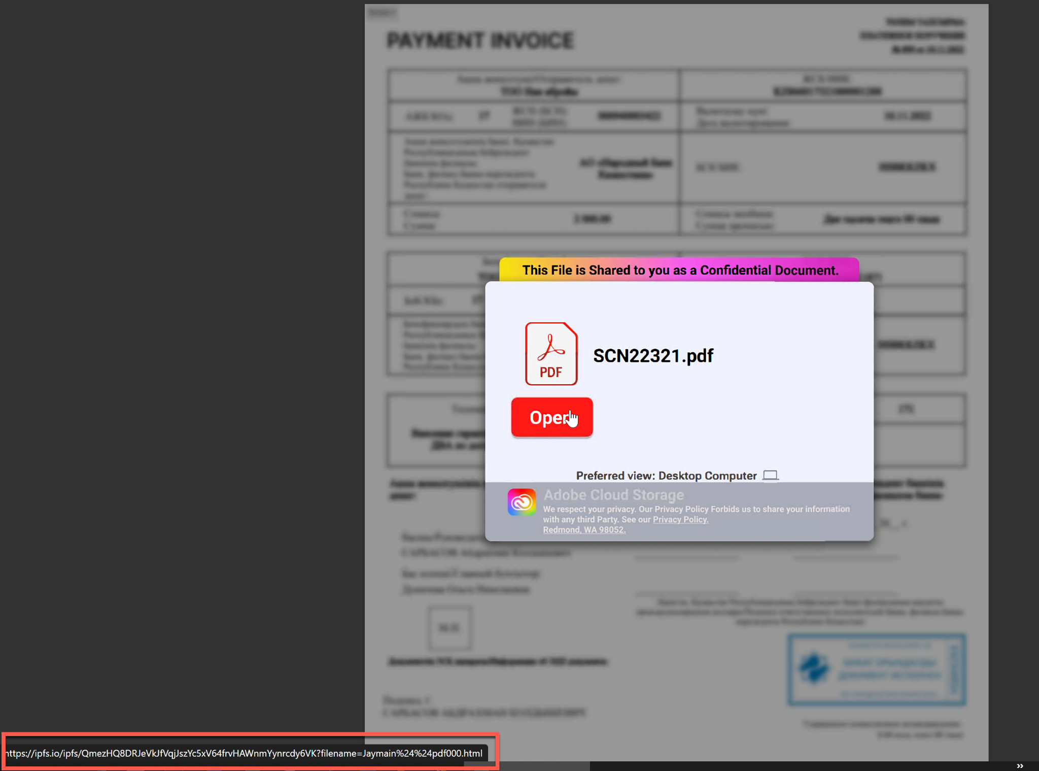 Image 9 is a screenshot of the attachment seen in the previous image of the DHL phishing lure. It shows a PDF as well as a red button saying open.