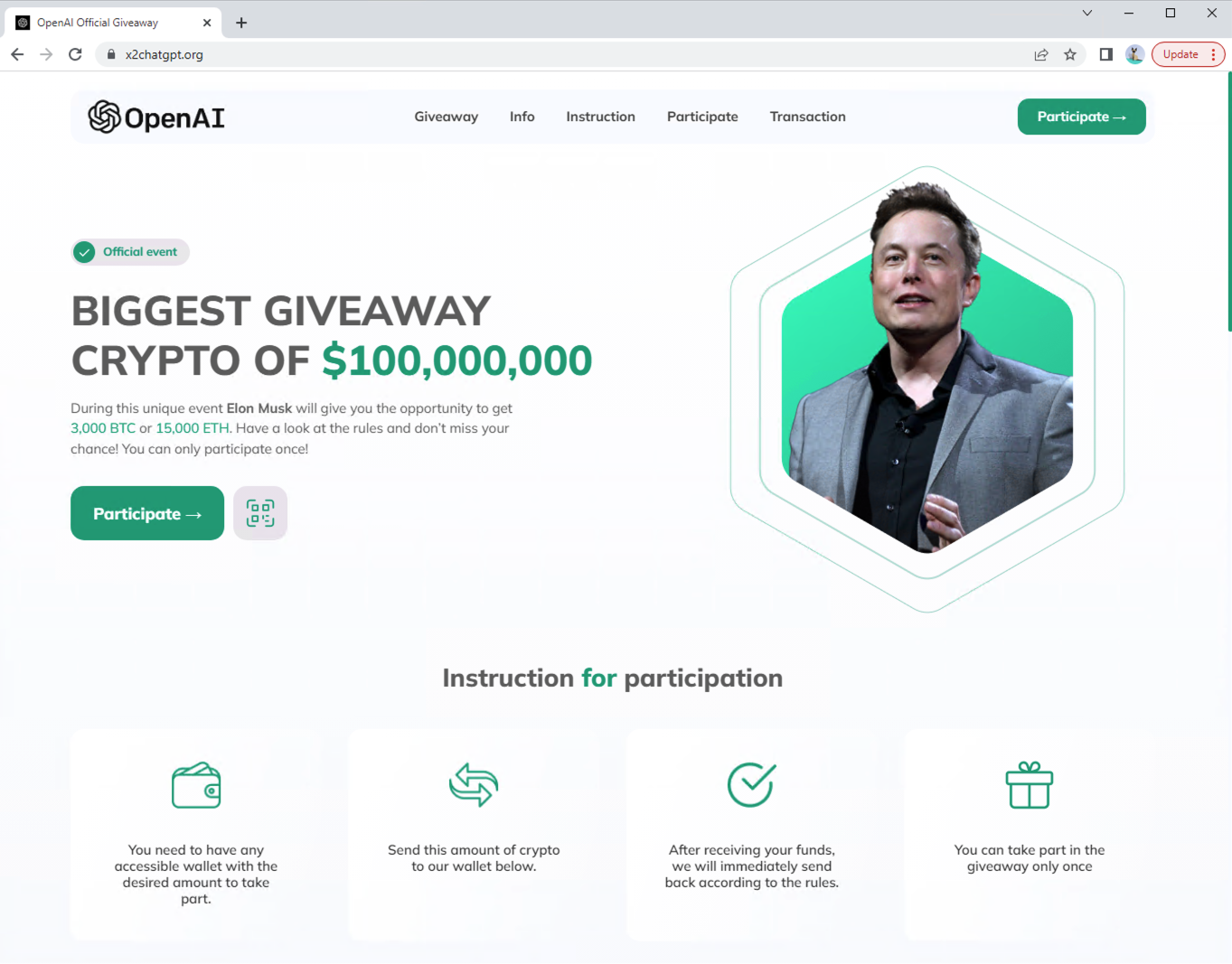 Image 6 is a screenshot of a cryptocurrency scam that mimics the OpenAI website. It has a picture of Elon Musk with the title “biggest giveaway crypto of $100 million.” There's a button for endusers to participate as well as instructions for participation.
