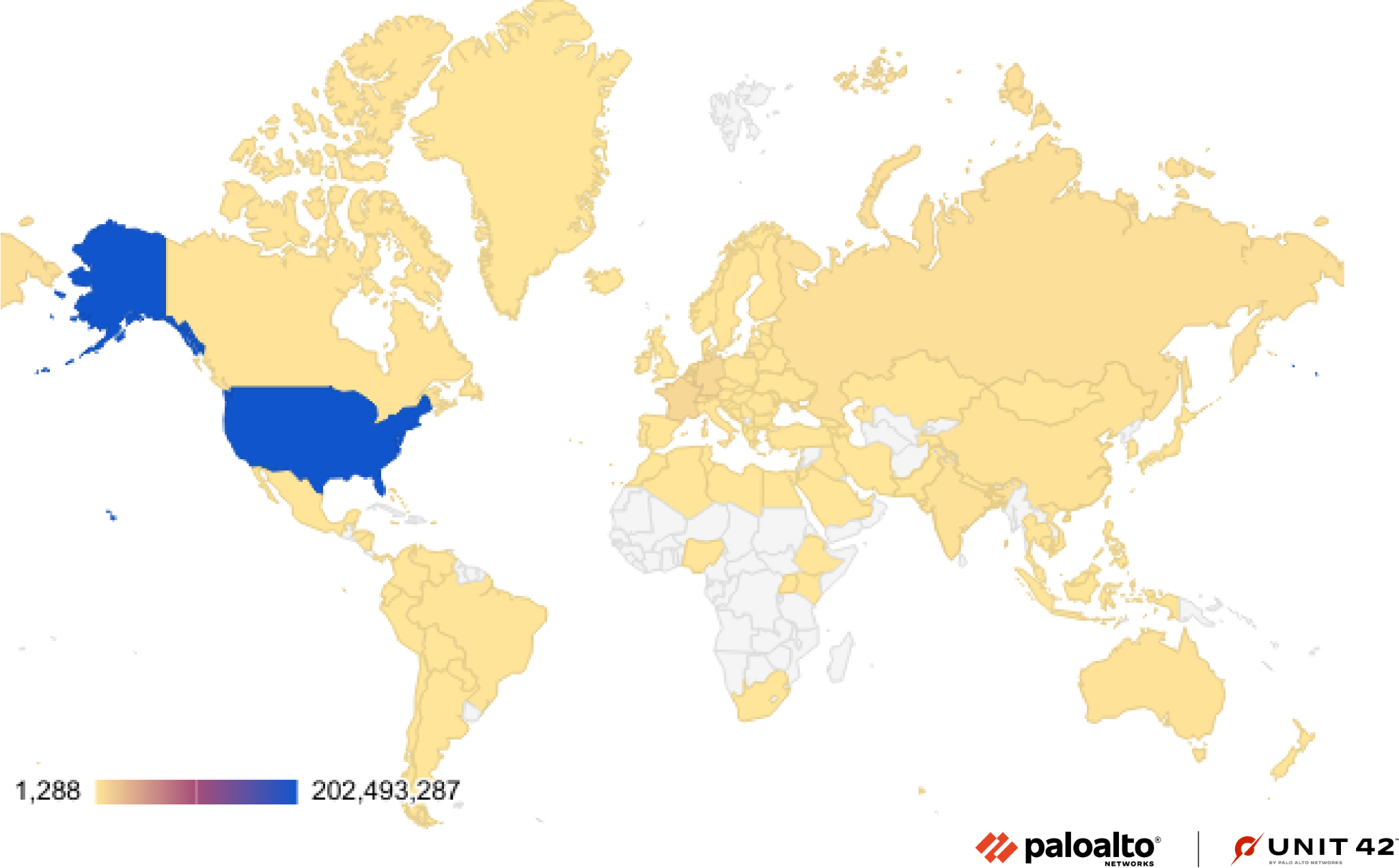 Figure 22 is a heat map of the attack geolocation distraction from November 2022 to January 2023. The darkest area of the map is the United States. 