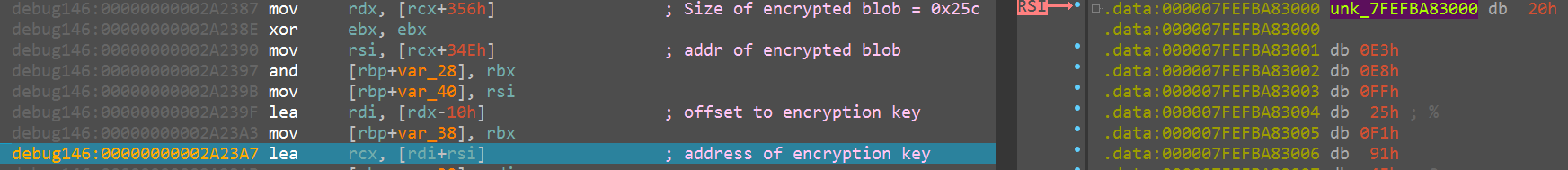 Image 10 is a screenshot of the encryption key for IcedID stage two. Highlighted is the address of the encryption key, which is below the line offset to encryption key.