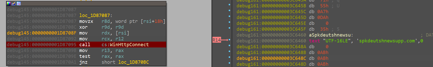 Image 8 is a screenshot of IcedID stage two being debugged. Highlighted is row 14, were the breakpoint is set.