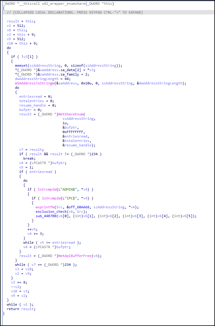 Figure 8 is a screenshot of many lines of code. It is the decompiled view of the code path responsible for enumerating shares.