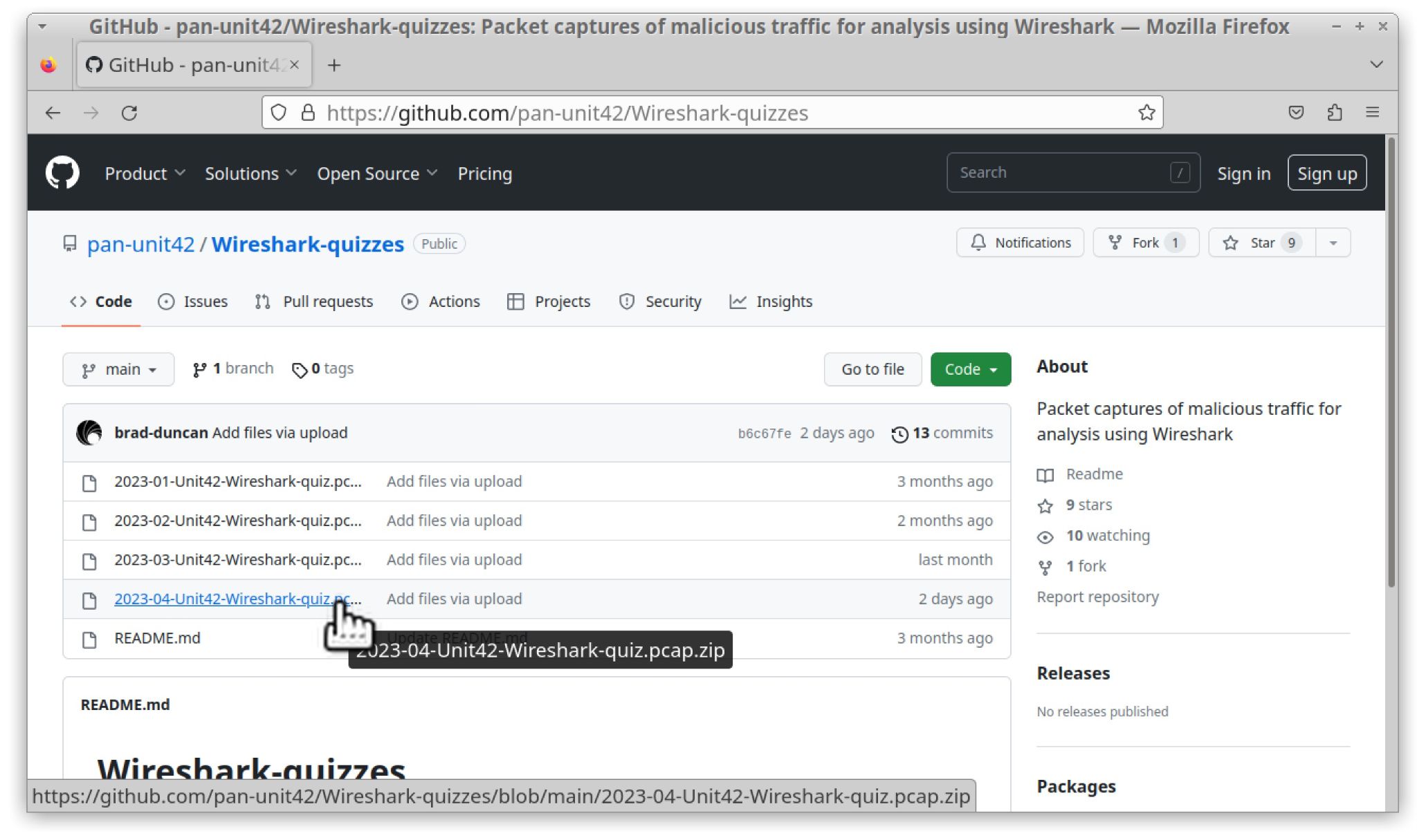 Image 1 is a screenshot of Wireshark software showing where to click to download the ZIP archive from GitHub. 