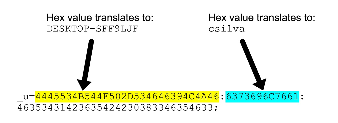 Image 10 shows two hex value translations. The hex value highlighted in yellow translates to DESKTOP-SFF9LJF. The hex value highlighted in blue translates to csilva.