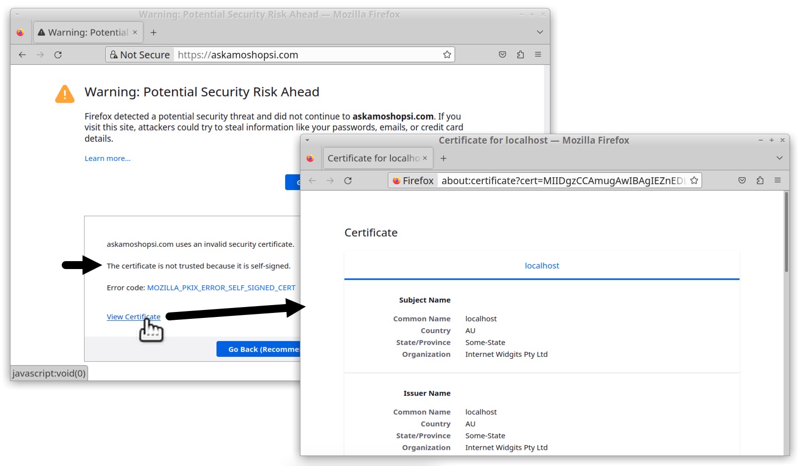 Image 12 is two screenshots of Mozilla Firefox windows, showing a warning for the potential security risk of the invalid certificate. It also shows the certificate for the localhost.
